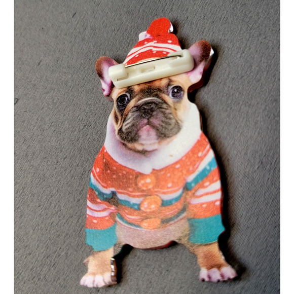 French Bulldog Christmas Sweater Acrylic Brooch Pin Cute Holiday Small Gift - Picture 2 of 5